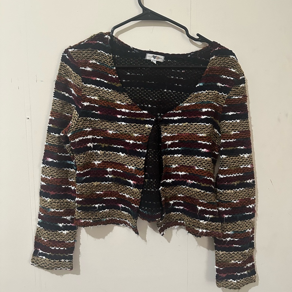 Heart Soul Medium Multicolor Textured Cropped Open Front Striped Cardigan